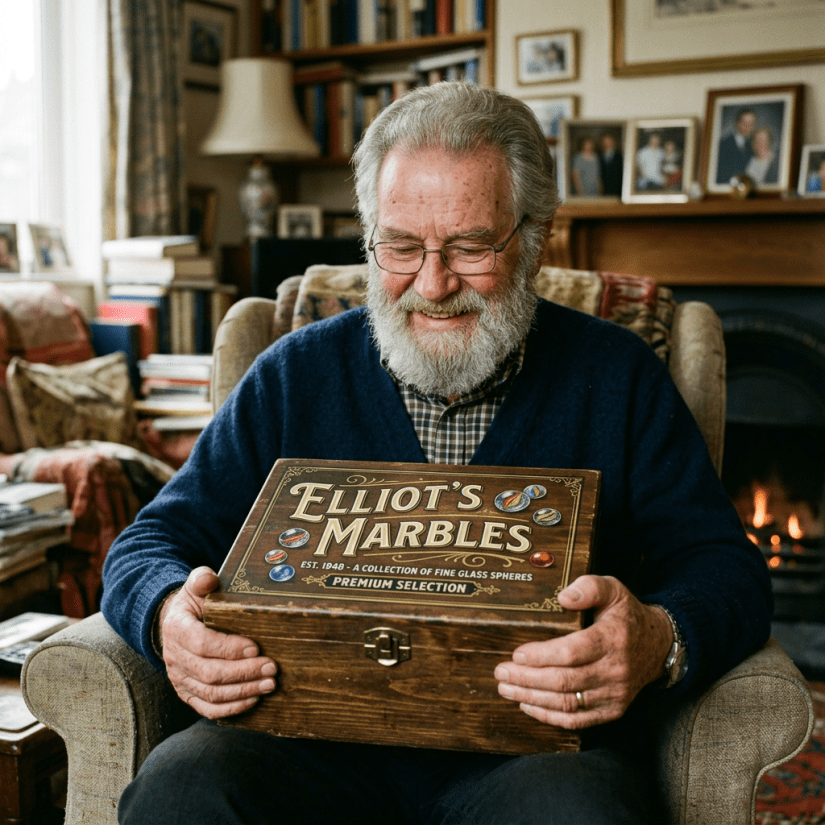 Smiling elderly man holding a wooden box labeled 'Elliot's Marbles'