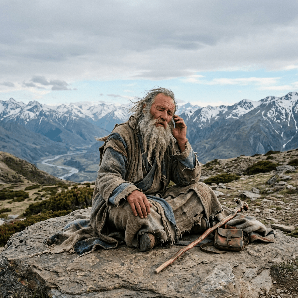 Elderly man with long beard sitting cross-legged on a rock, wearing layered robes, with a walking stick and pouch beside him, mountains in background