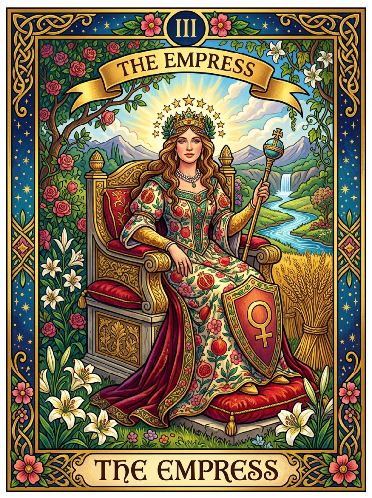 The Empress tarot card featuring a crowned woman seated on a throne with nature and symbols of fertility