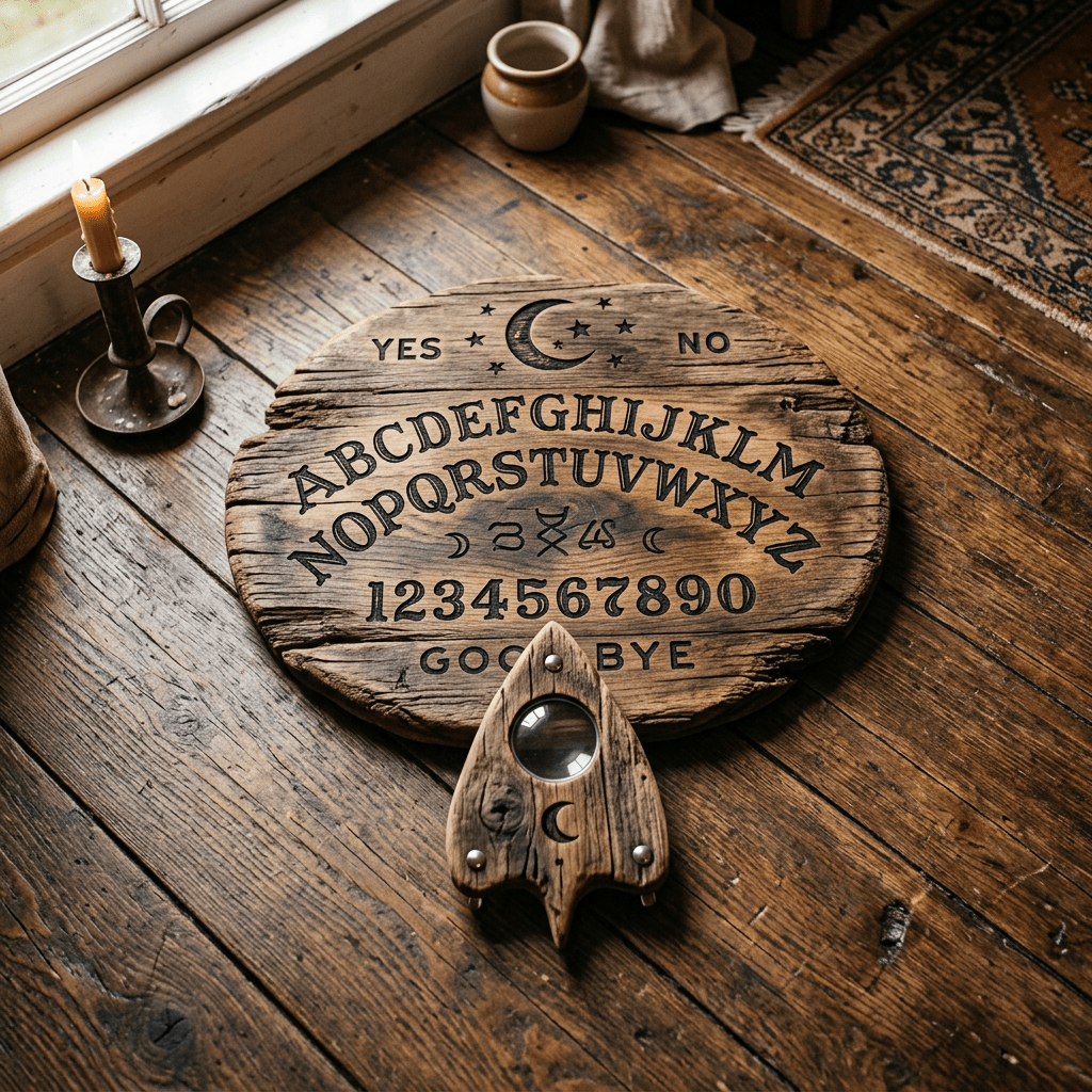 Wooden Ouija board with letters, numbers, and planchette on wooden floor illuminated by candlelight