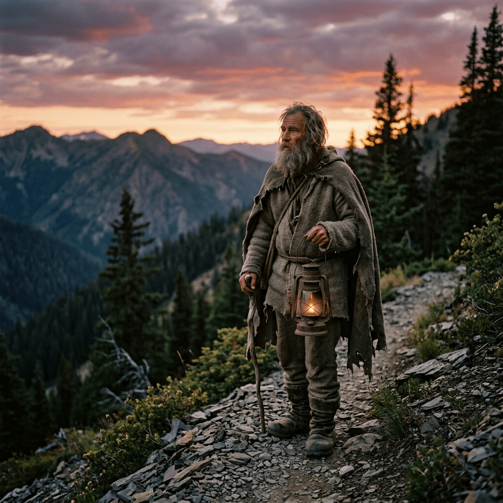 Bearded elderly man holding a lantern on a mountain path at sunset