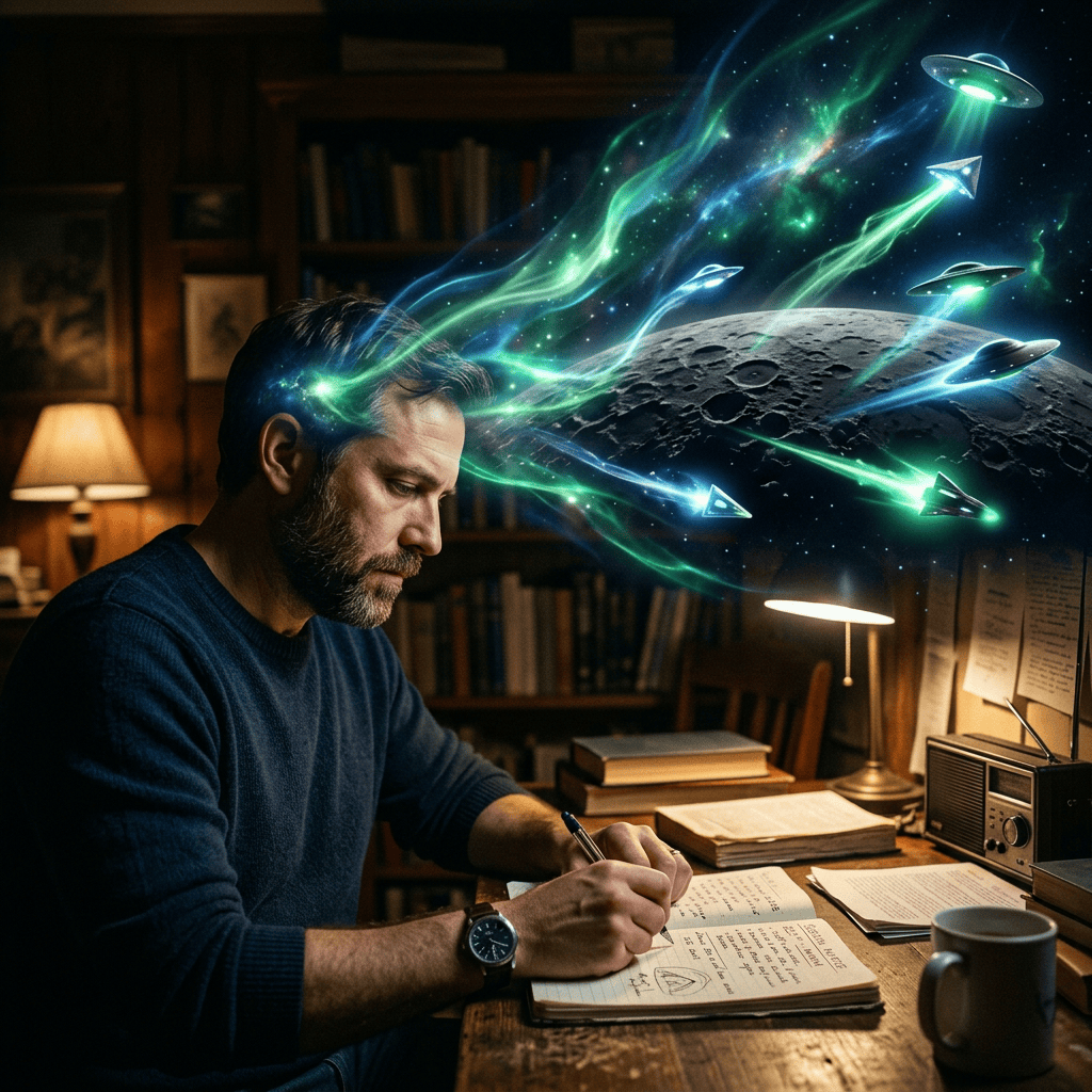 Man writing in a notebook as a cosmic scene with spaceships emerges overhead